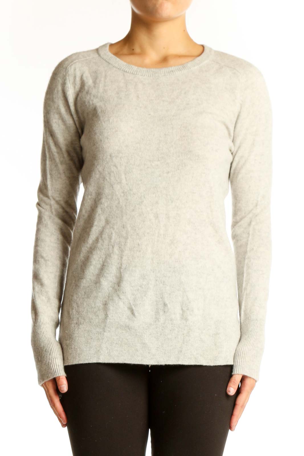 Front view of Halogen beige cashmere crewneck sweater on model