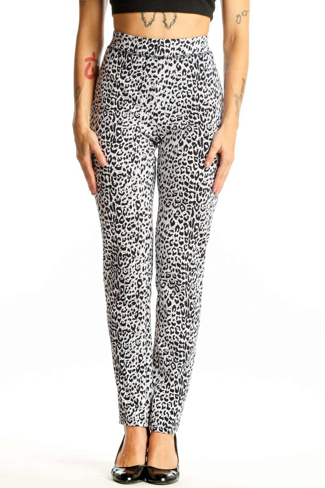 Front view of black and white leopard print pants by Nancy Bolen City Girl