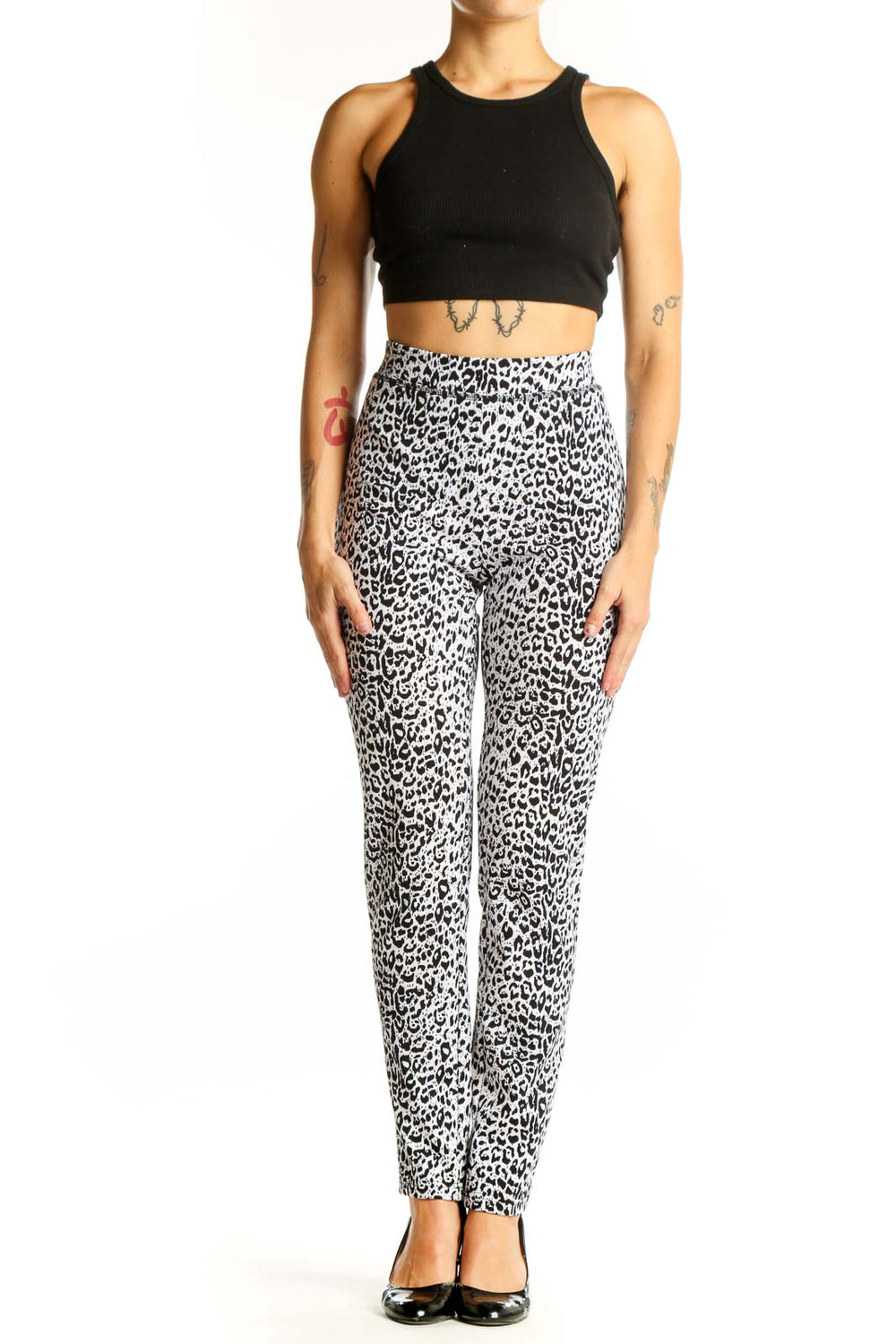 Front view of black and white leopard print pants by Nancy Bolen City Girl