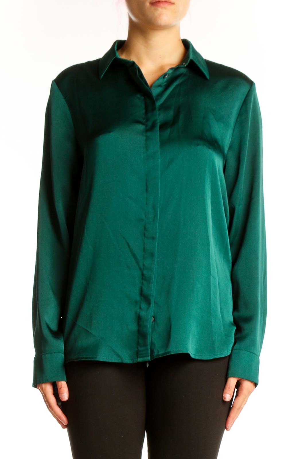 Front view of emerald green satin button-down blouse from J.Crew