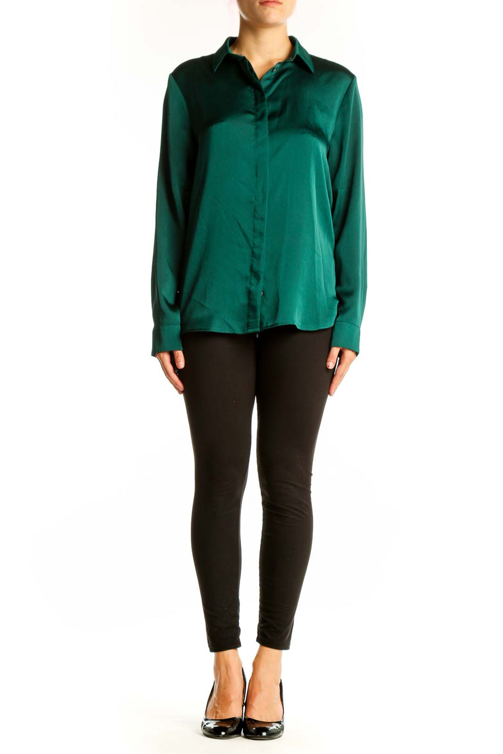 Front view of emerald green satin button-down blouse from J.Crew