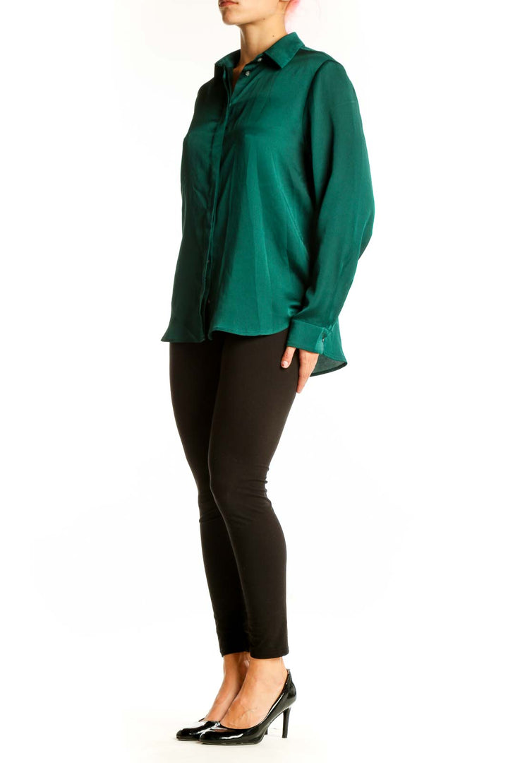 Front view of emerald green satin button-down blouse from J.Crew