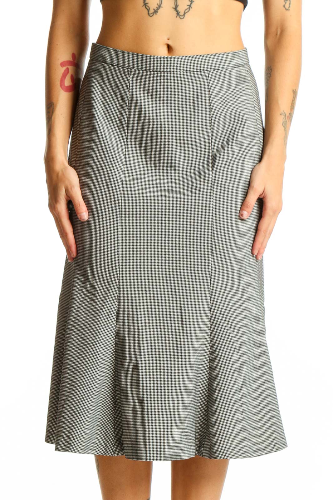 Front view of FOCUS 2000 gray houndstooth A-line midi skirt