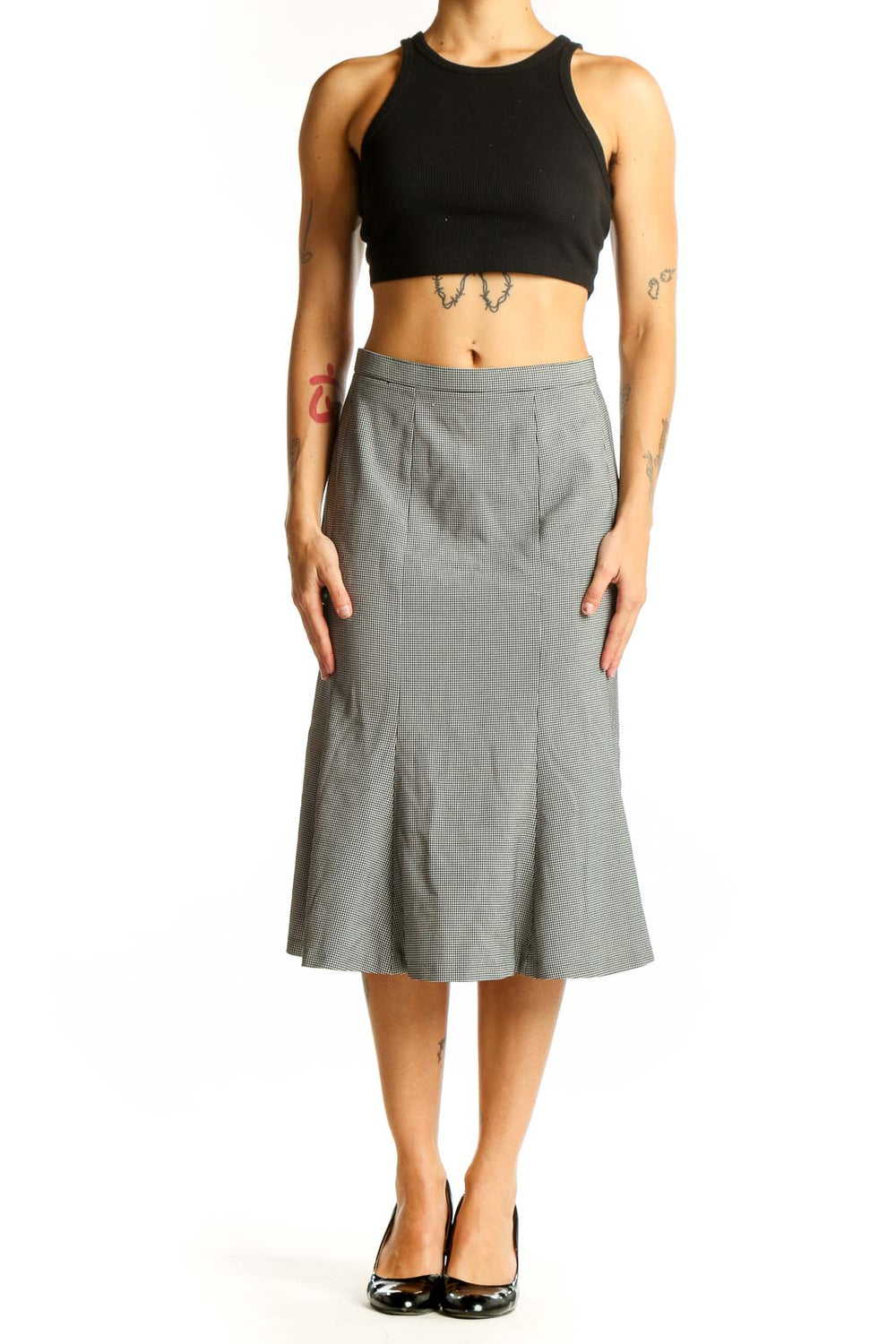 Front view of FOCUS 2000 gray houndstooth A-line midi skirt
