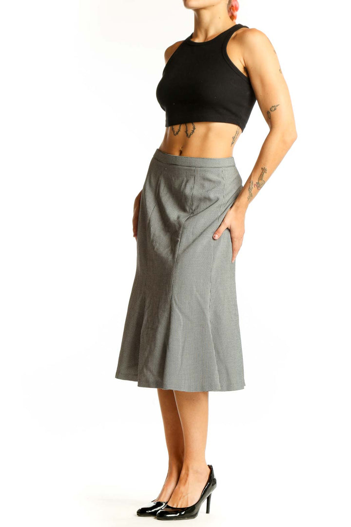 Front view of FOCUS 2000 gray houndstooth A-line midi skirt