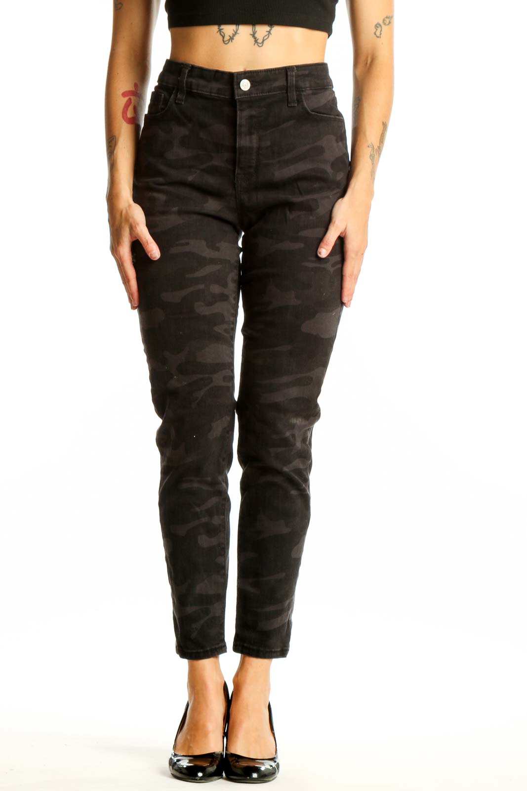 Front view of black camo print high-waisted jeans from Social Standard by Sanctuary
