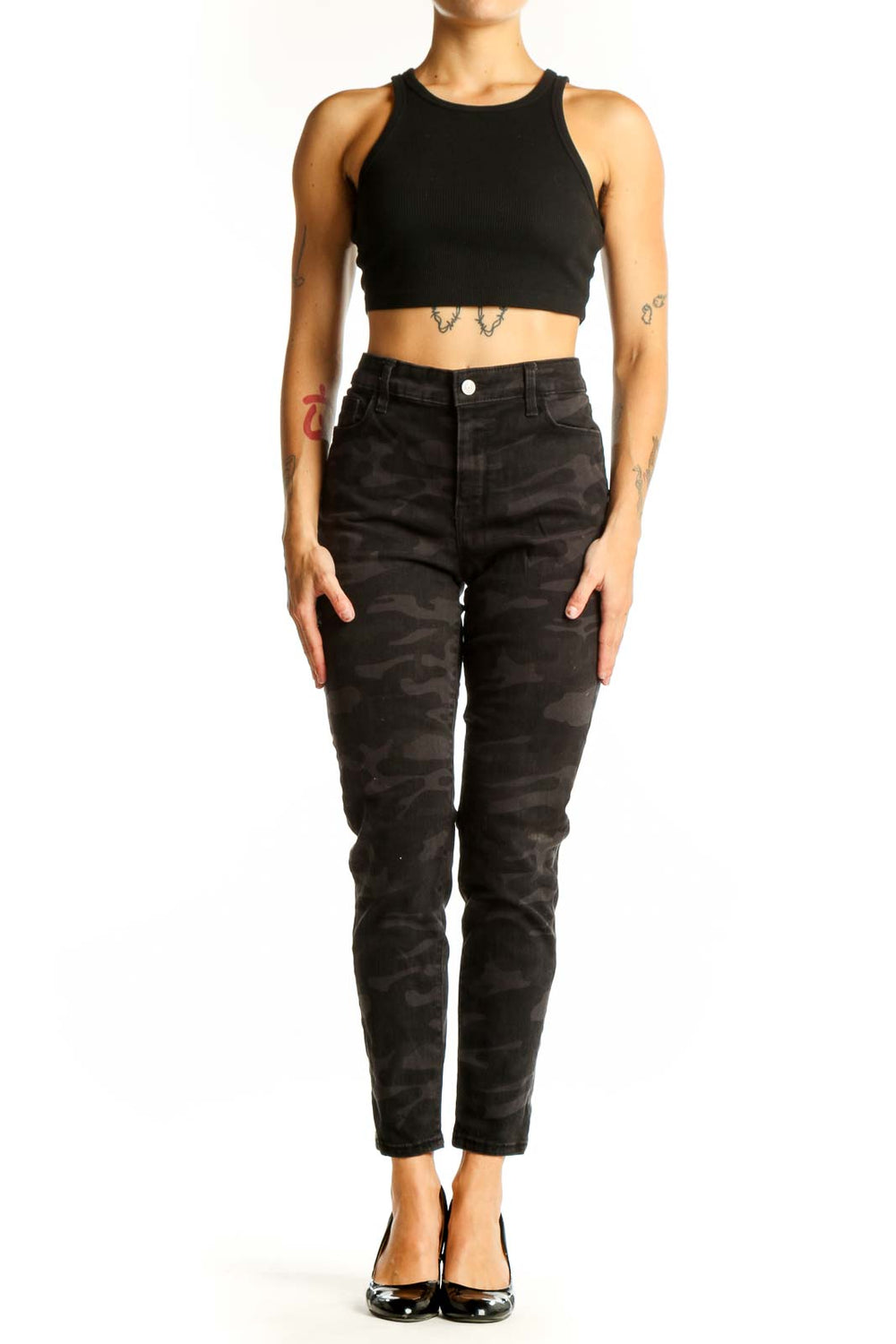 Front view of black camo print high-waisted jeans from Social Standard by Sanctuary