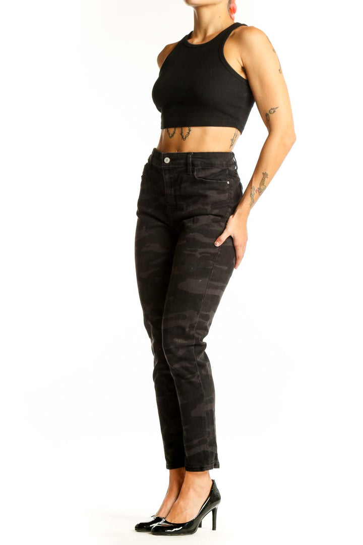 Front view of black camo print high-waisted jeans from Social Standard by Sanctuary