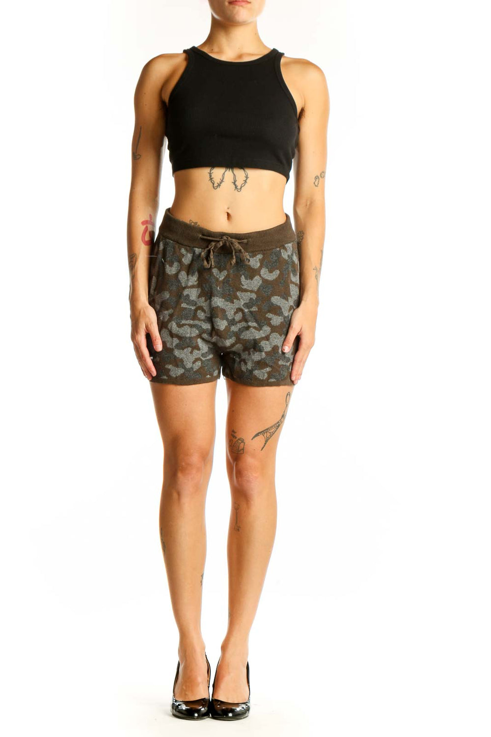 Front view of HeartLoom brown camo print cotton shorts with drawstring waist