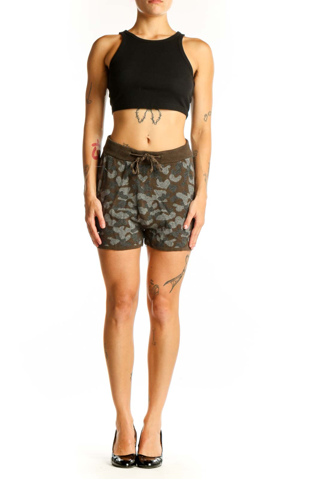 Front view of HeartLoom brown camo print cotton shorts with drawstring waist