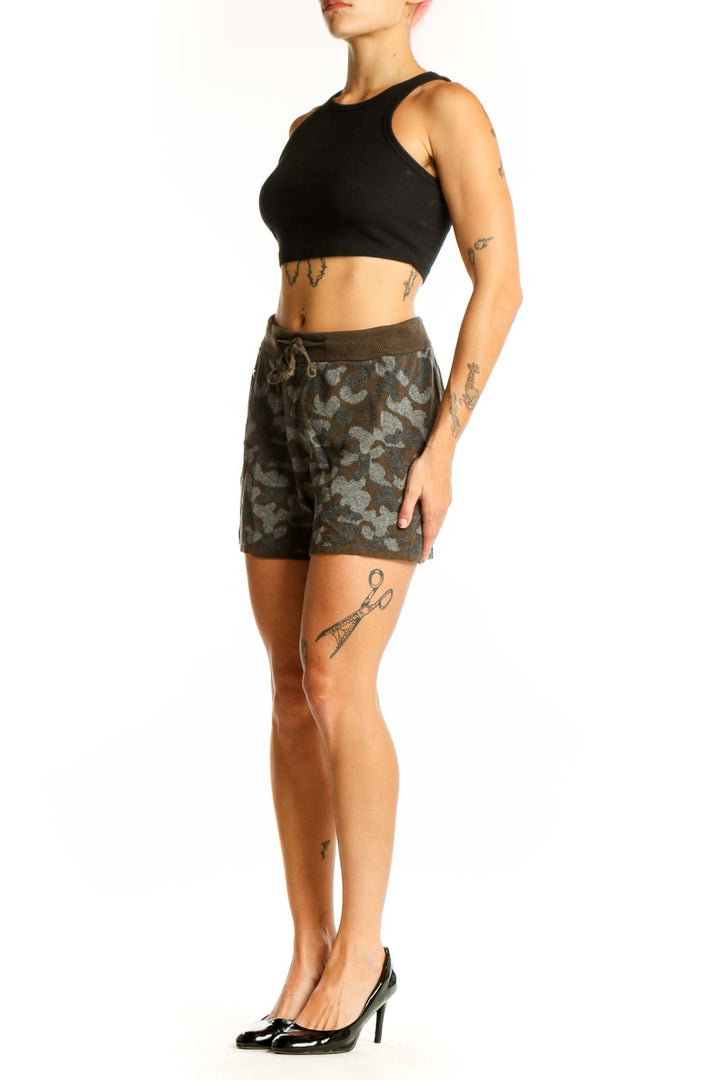 Front view of HeartLoom brown camo print cotton shorts with drawstring waist