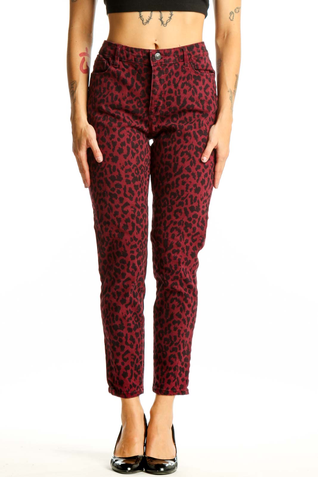 Front view of burgundy leopard print cotton pants by Social Standard by Sanctuary
