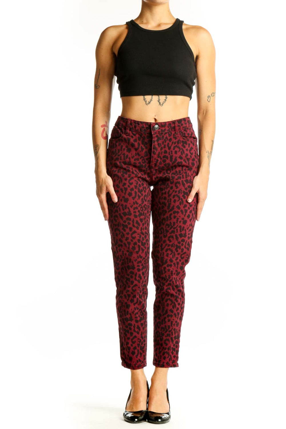 Front view of burgundy leopard print cotton pants by Social Standard by Sanctuary