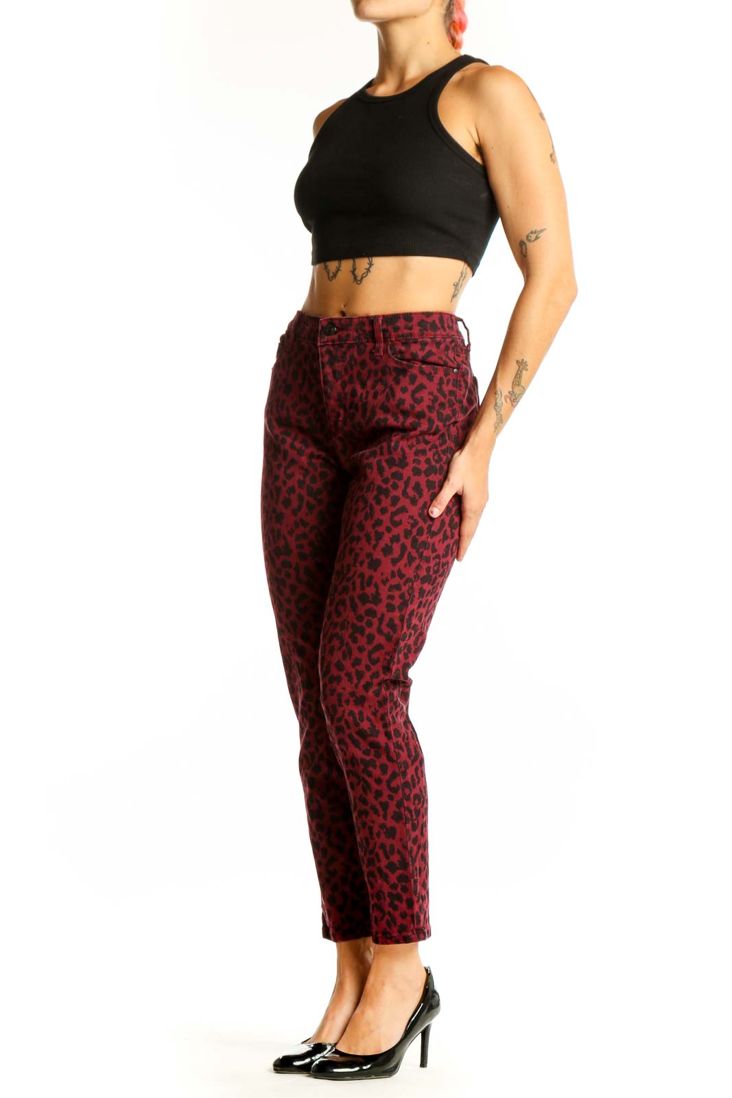 Front view of burgundy leopard print cotton pants by Social Standard by Sanctuary