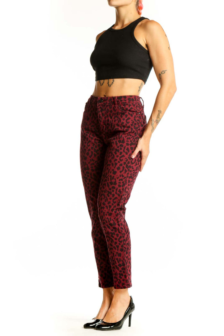 Front view of burgundy leopard print cotton pants by Social Standard by Sanctuary