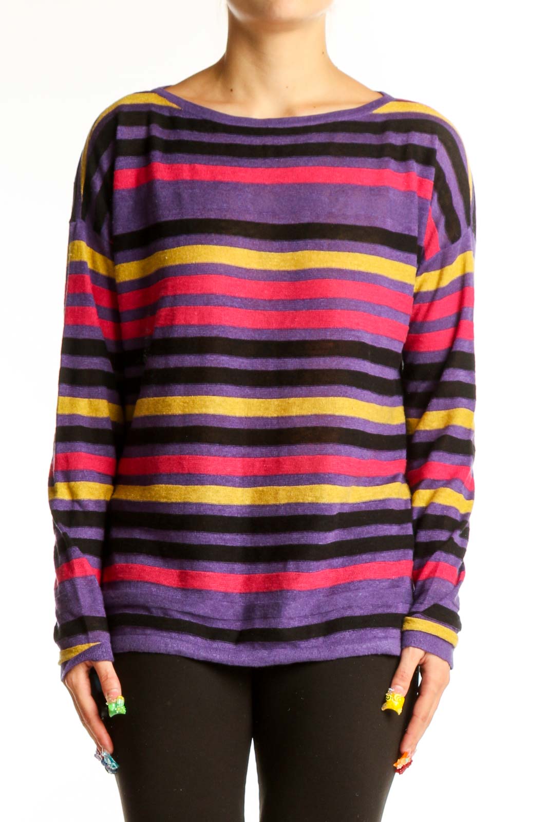 Front view of Saks Fifth Avenue purple striped long sleeve cotton top