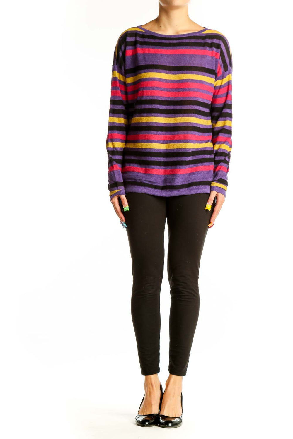Front view of Saks Fifth Avenue purple striped long sleeve cotton top
