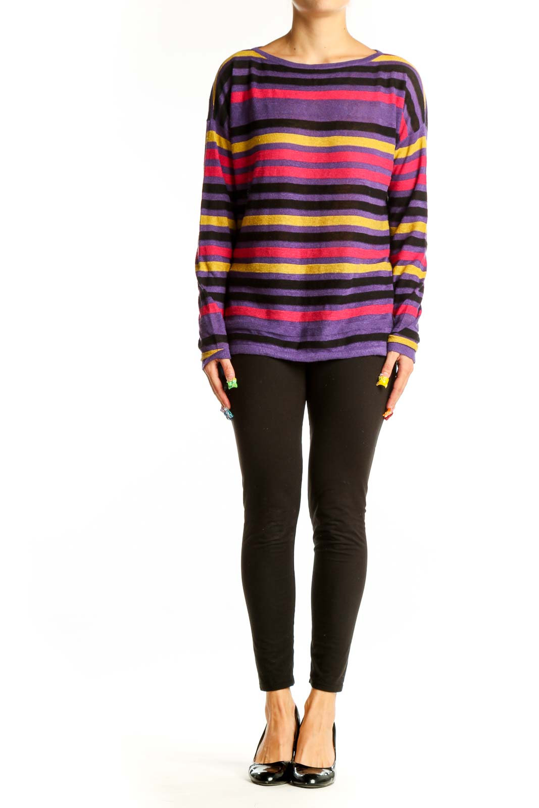 Front view of Saks Fifth Avenue purple striped long sleeve cotton top