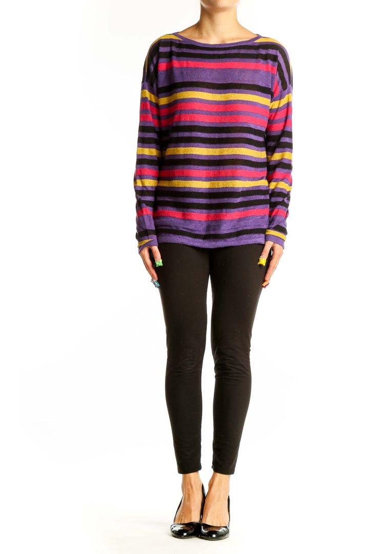Front view of Saks Fifth Avenue purple striped long sleeve cotton top
