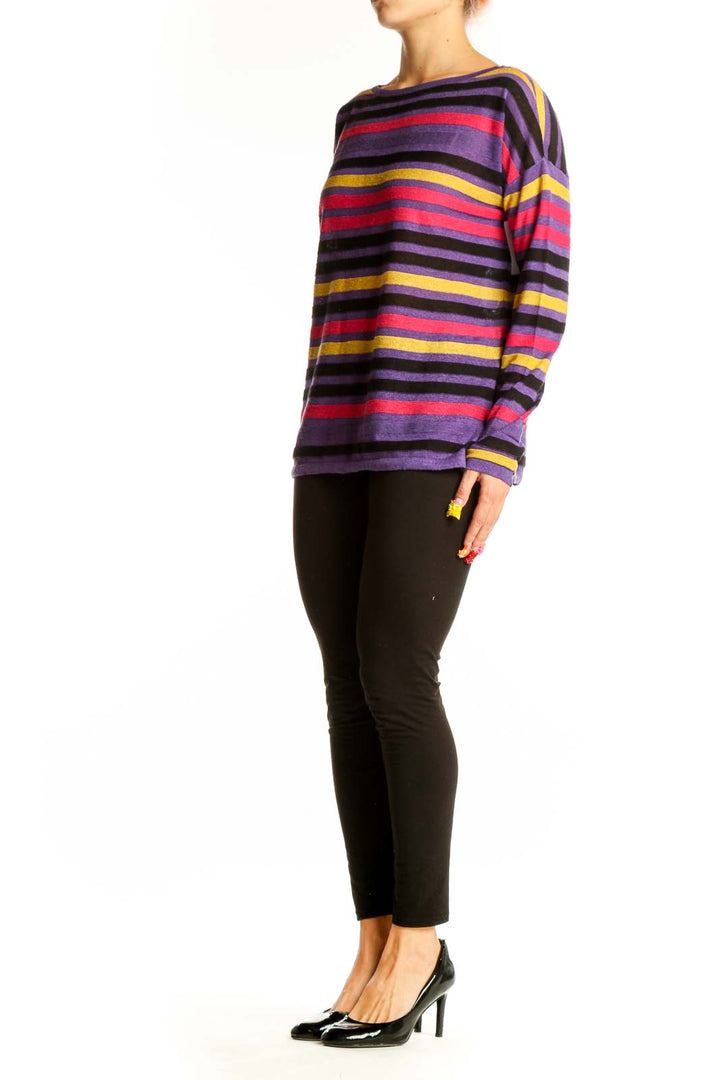 Front view of Saks Fifth Avenue purple striped long sleeve cotton top