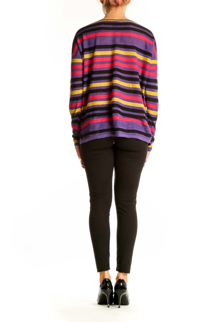 Side view of Saks Fifth Avenue purple striped long sleeve cotton top on model