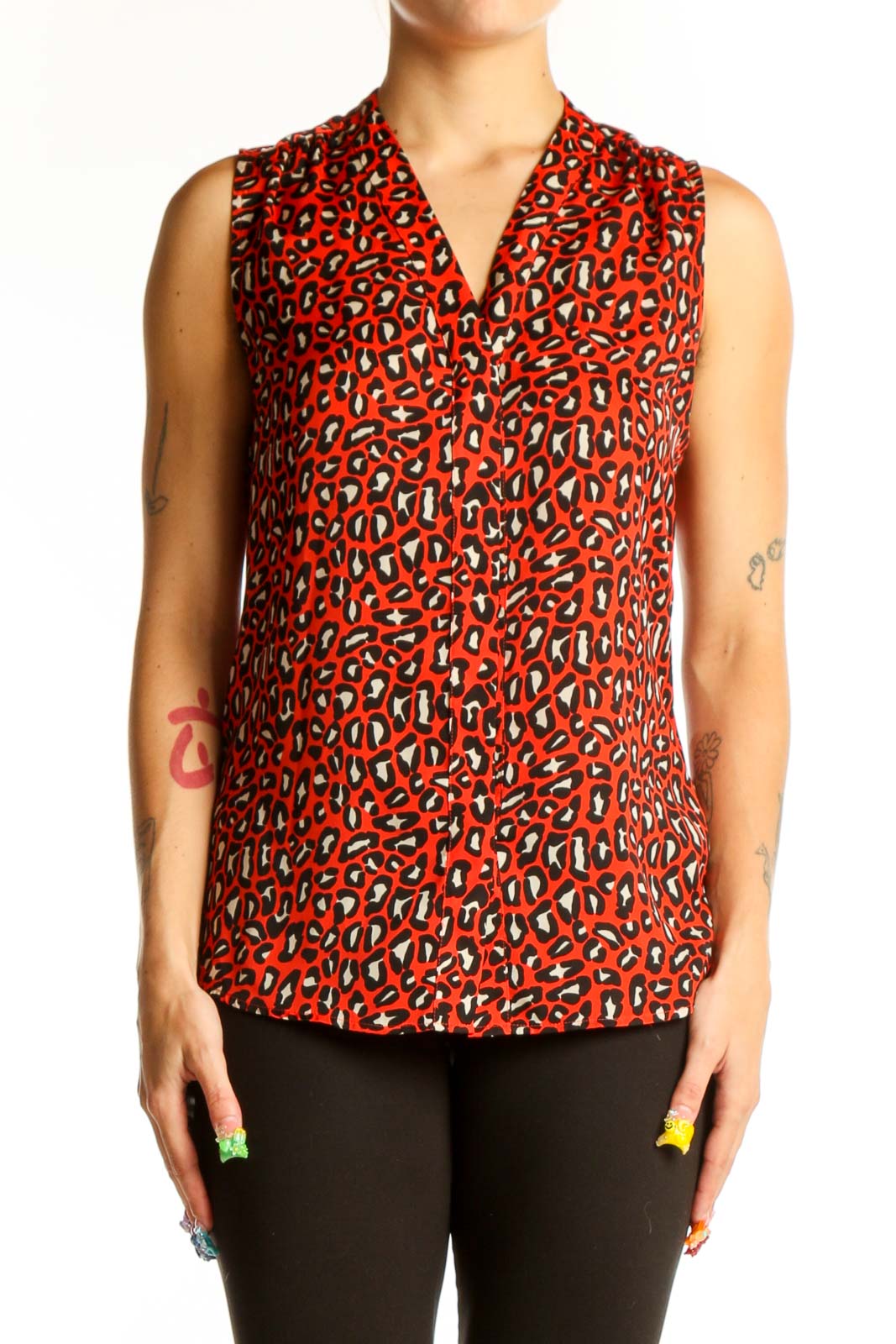 Front view of red leopard print sleeveless blouse from Banana Republic