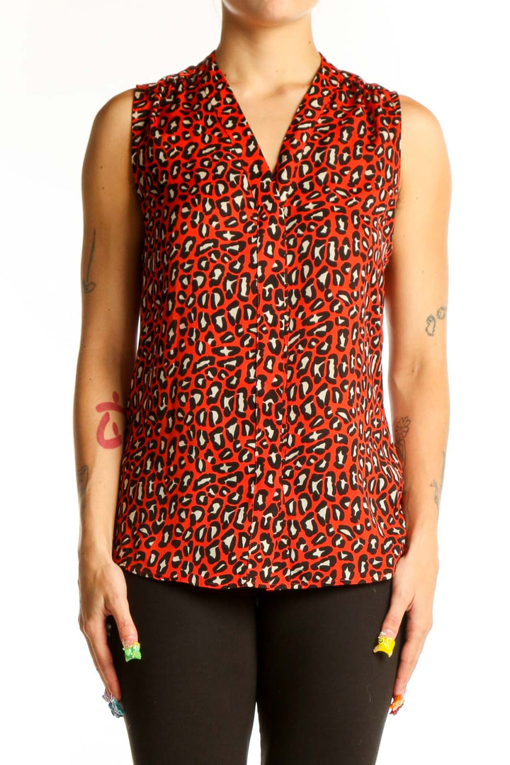 Front view of red leopard print sleeveless blouse from Banana Republic