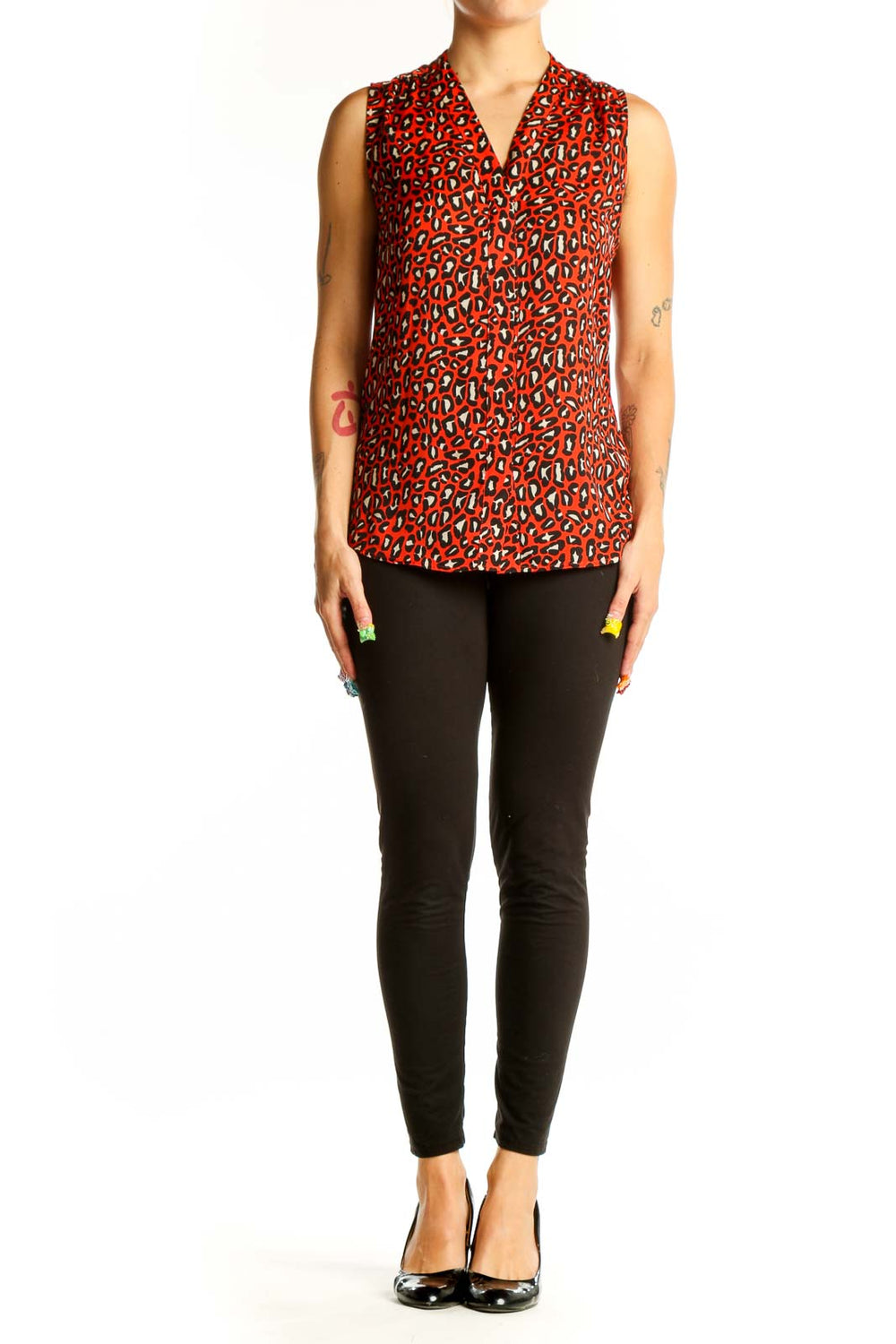 Front view of red leopard print sleeveless blouse from Banana Republic