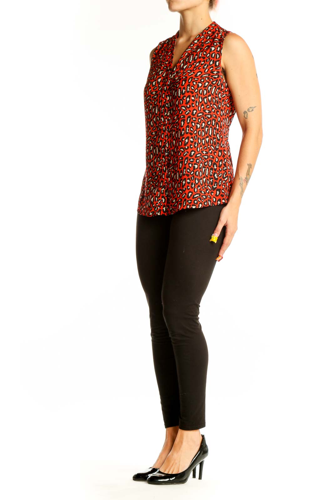 Front view of red leopard print sleeveless blouse from Banana Republic