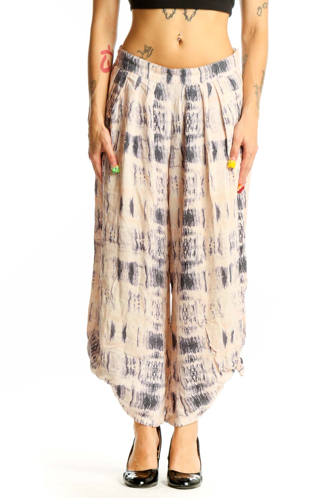 Front view of Elevenses beige tie-dye wide-leg cotton pants