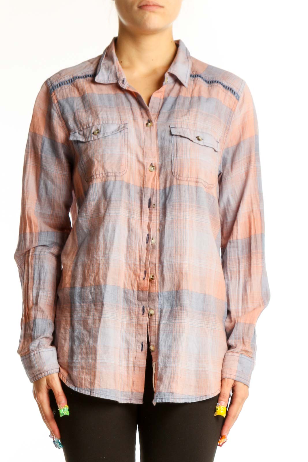 Front view of Toad&Co pink and gray plaid cotton button-up shirt with chest pockets