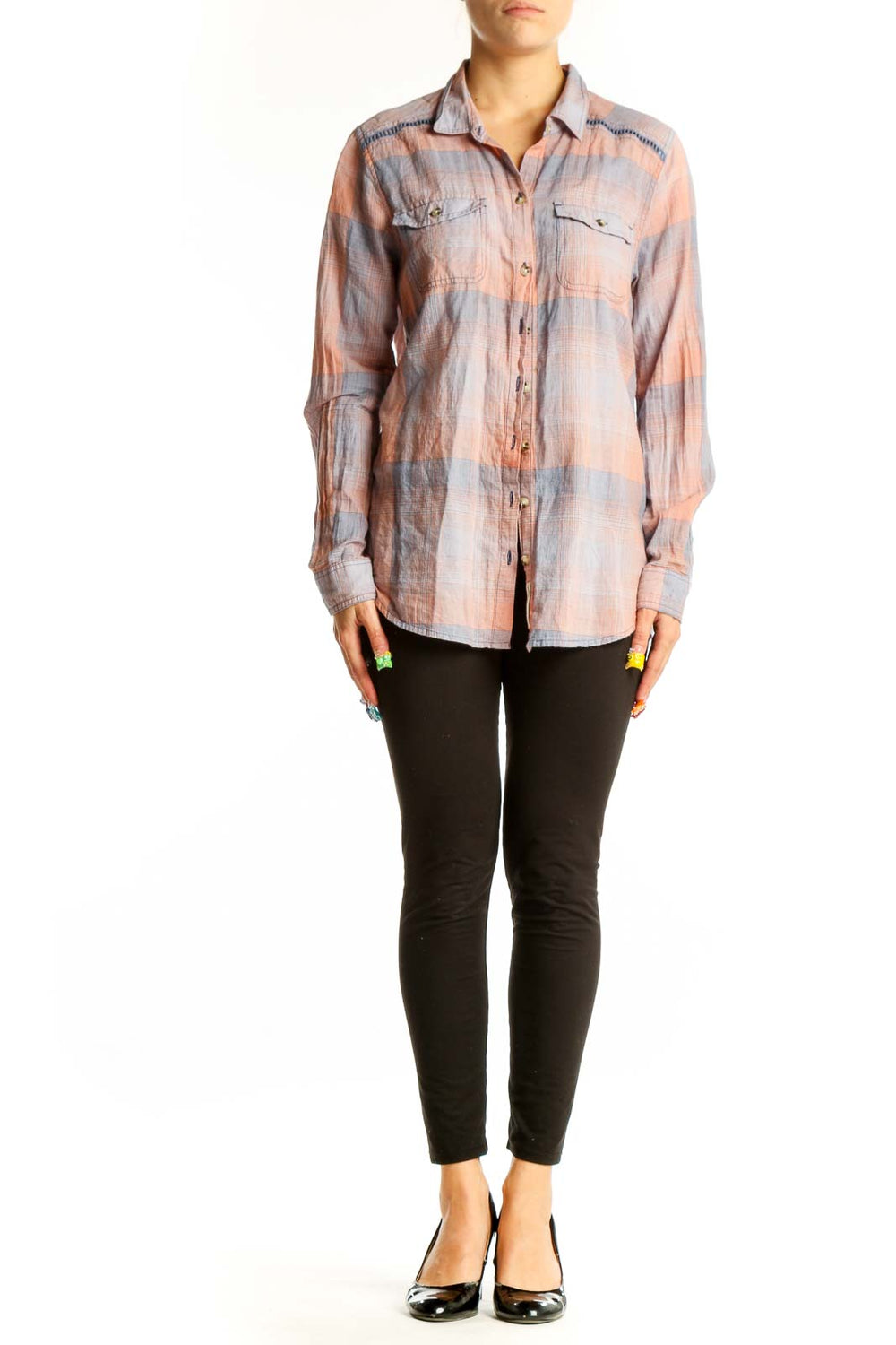 Front view of Toad&Co pink and gray plaid cotton button-up shirt with chest pockets