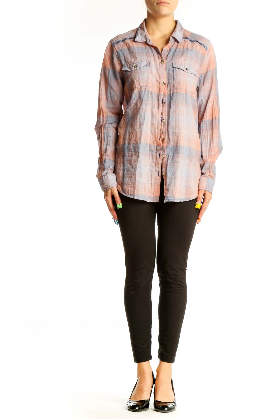 Front view of Toad&Co pink and gray plaid cotton button-up shirt with chest pockets