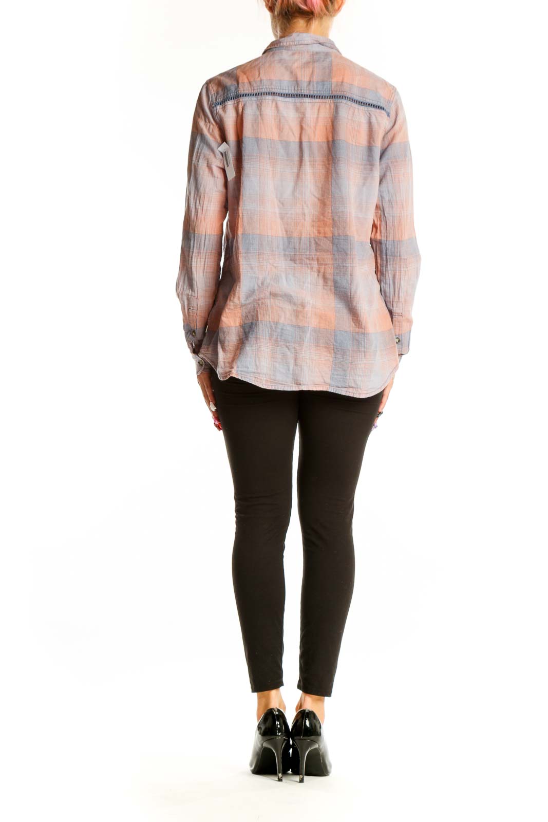Back view of Toad&Co pink and gray plaid cotton button-up shirt showing subtle embroidery detail