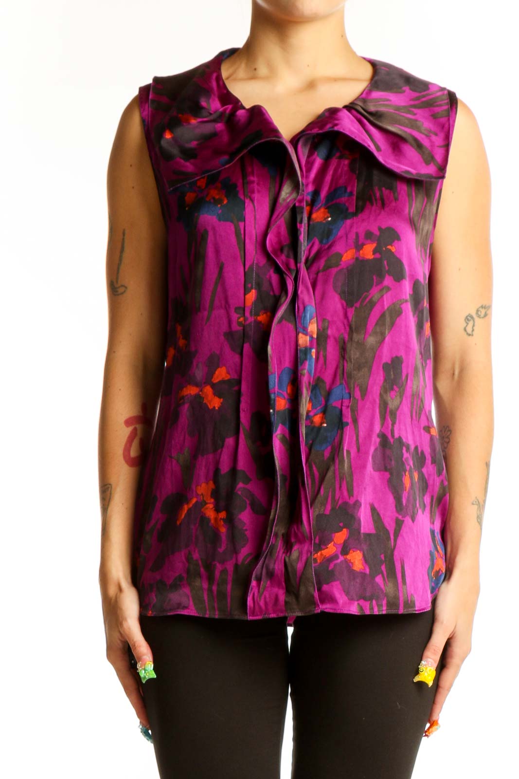 Front view of SilkRoll purple abstract print sleeveless blouse with ruffle detail
