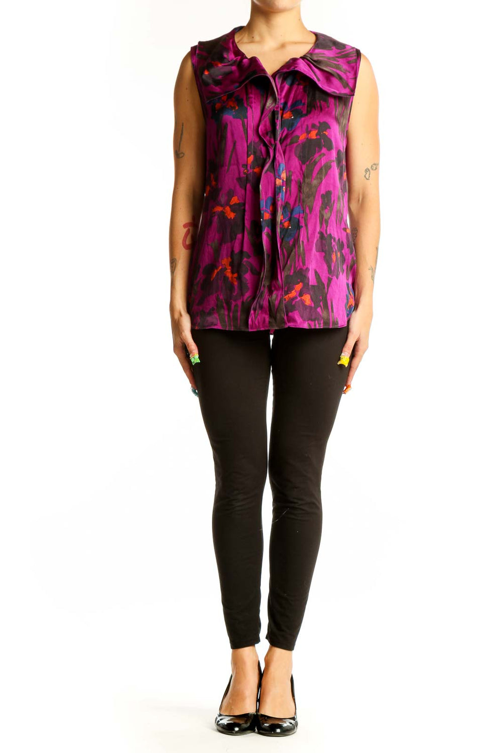 Front view of SilkRoll purple abstract print sleeveless blouse with ruffle detail