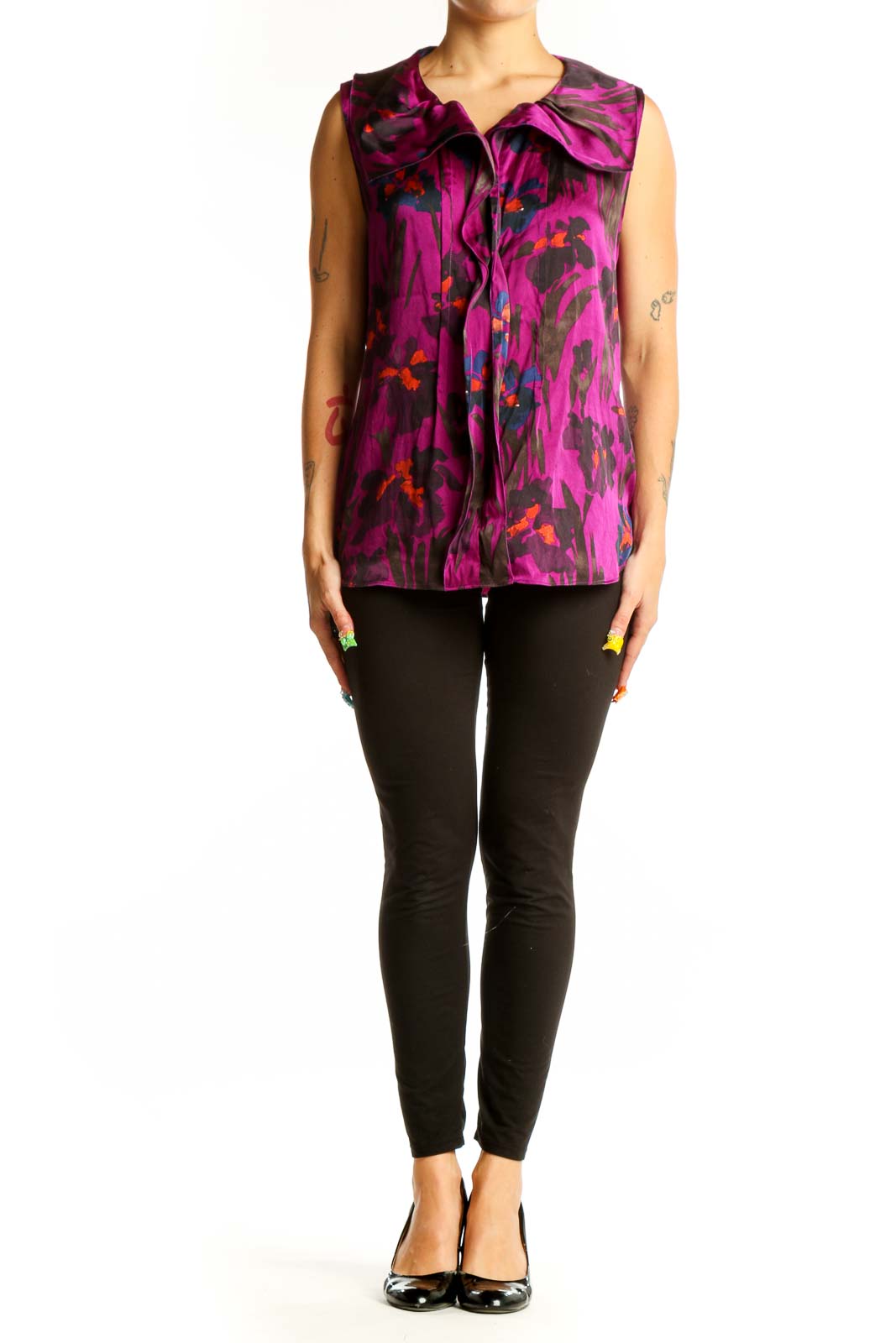 Front view of SilkRoll purple abstract print sleeveless blouse with ruffle detail