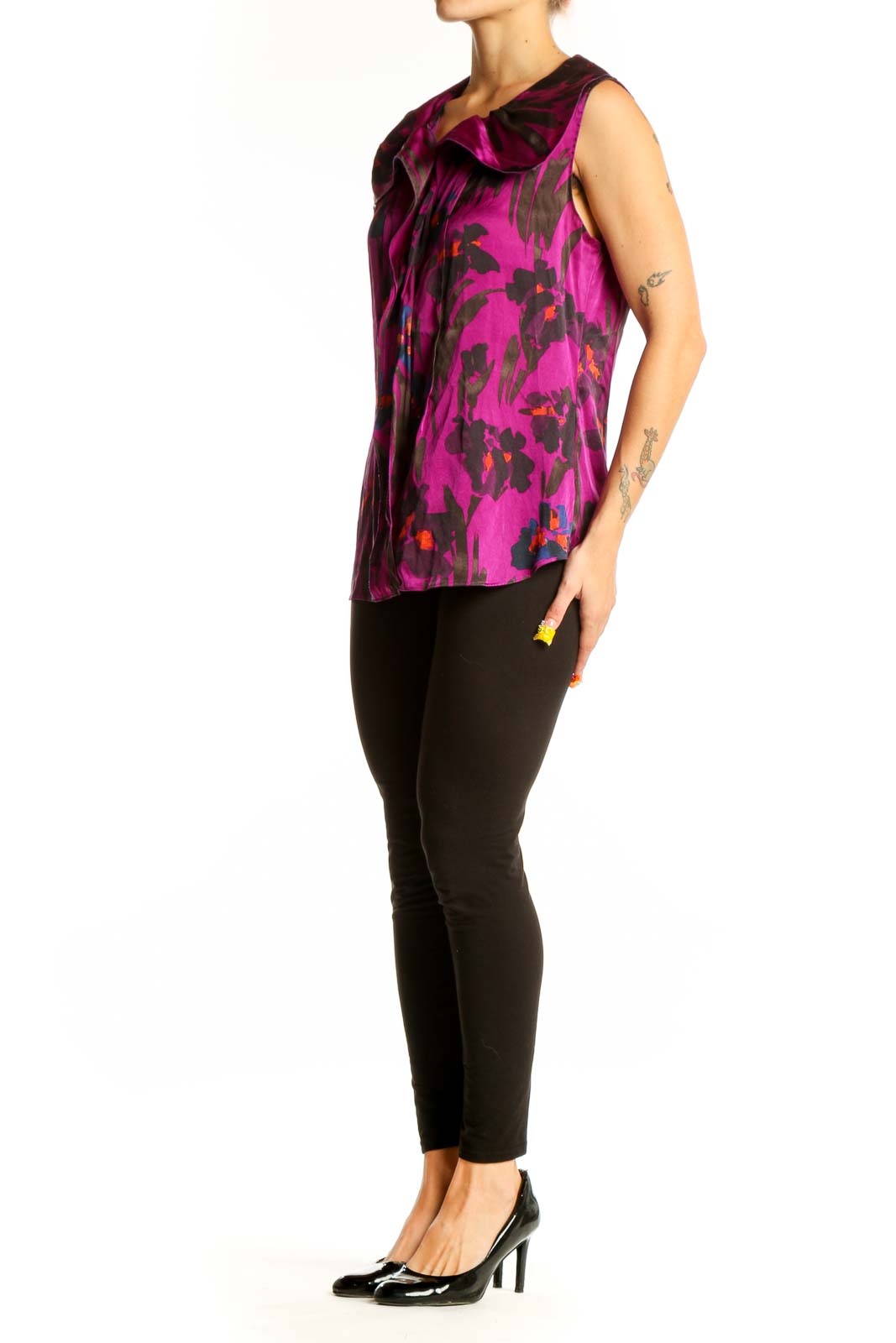 Front view of SilkRoll purple abstract print sleeveless blouse with ruffle detail