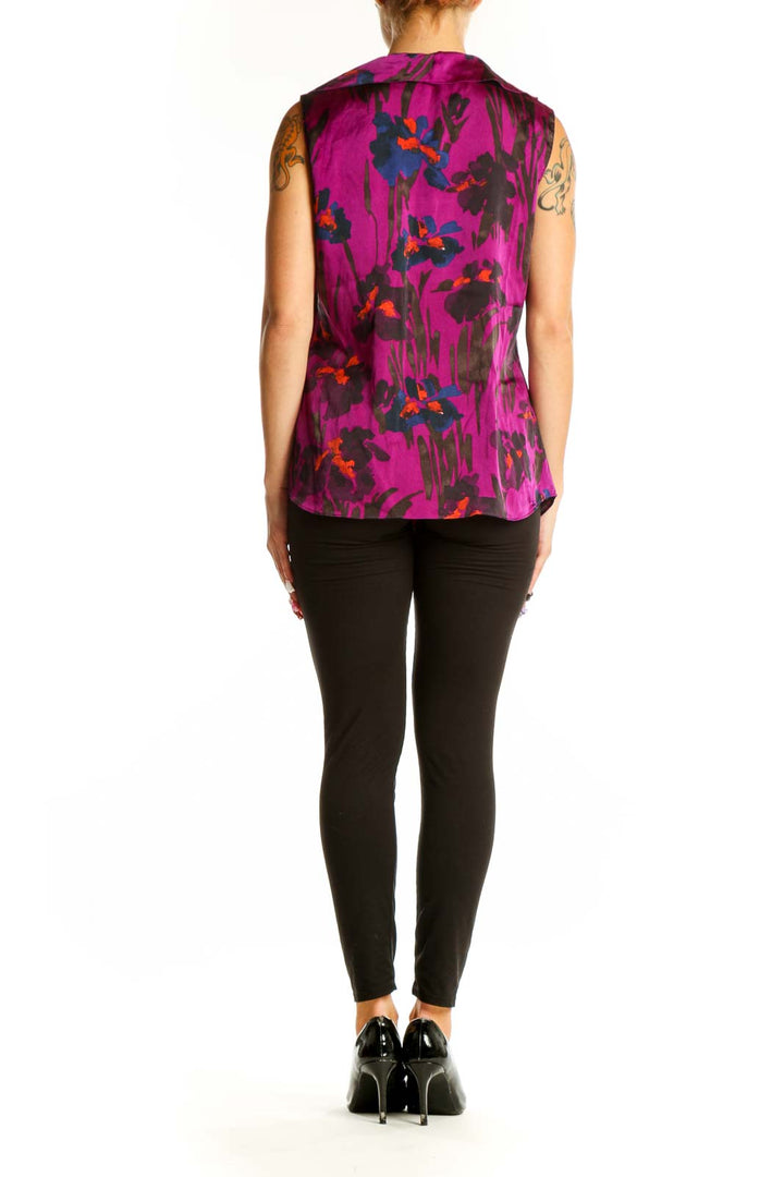 Side view of SilkRoll purple abstract print sleeveless blouse on model