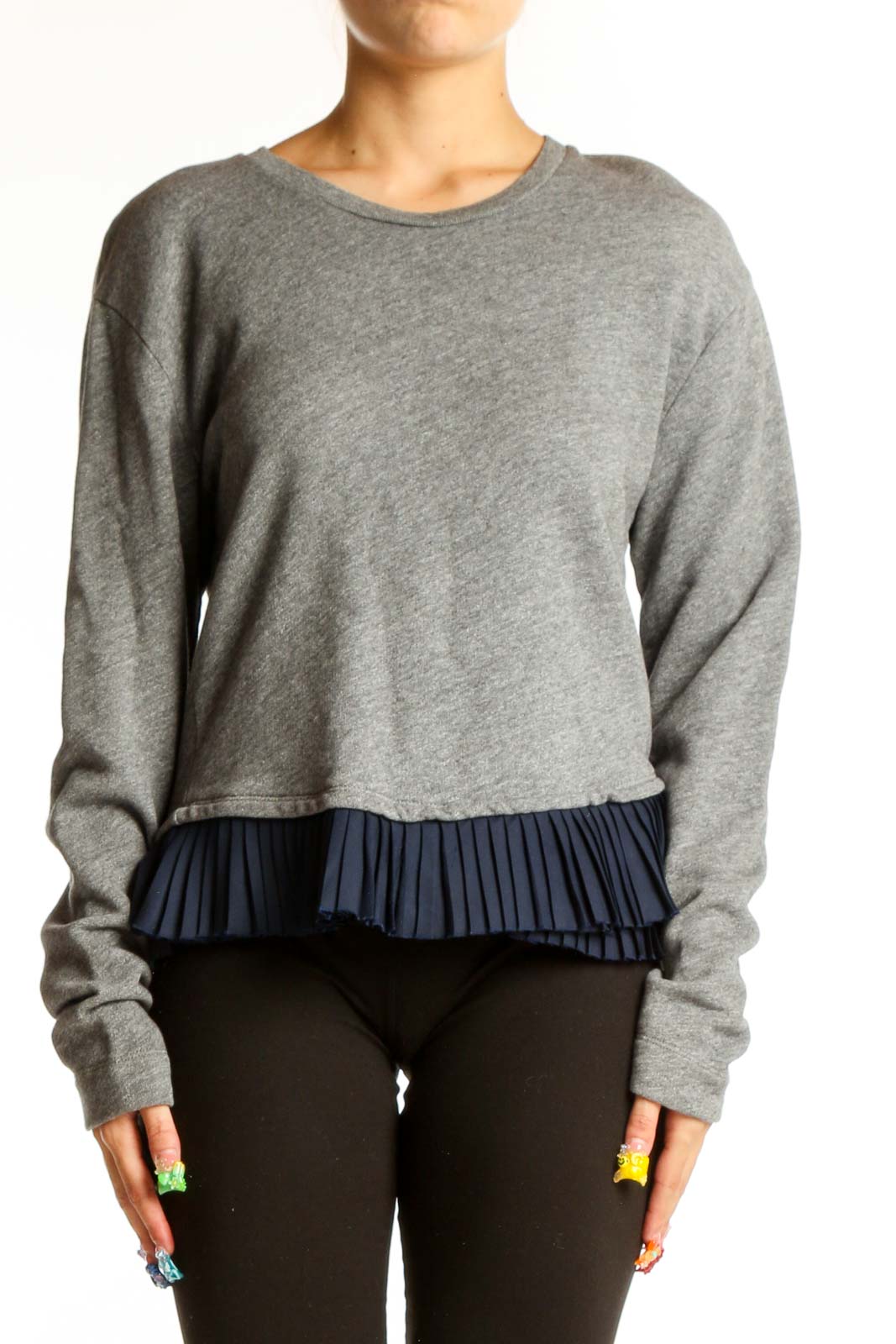 Front view of gray J.Crew sweater with navy ruffle hem