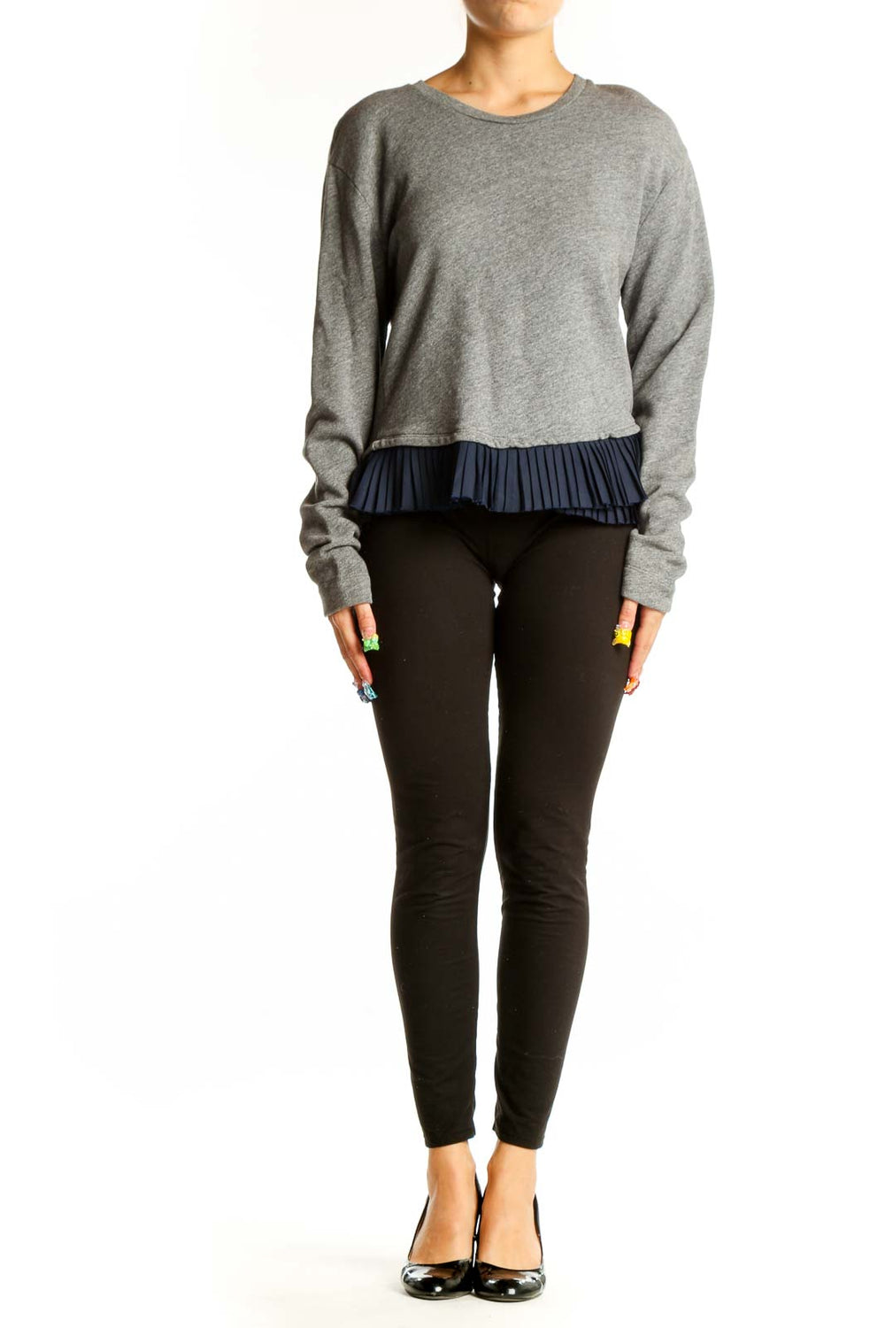 Front view of gray J.Crew sweater with navy ruffle hem