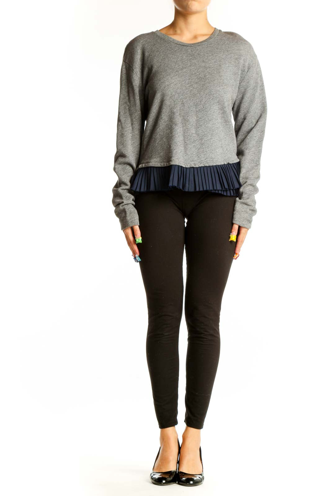 Front view of gray J.Crew sweater with navy ruffle hem