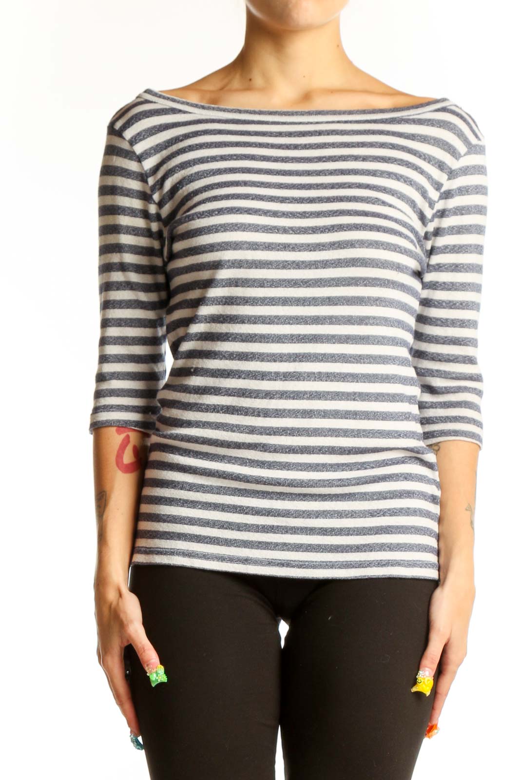 Front view of Michael Stars gray and white striped top with boat neckline