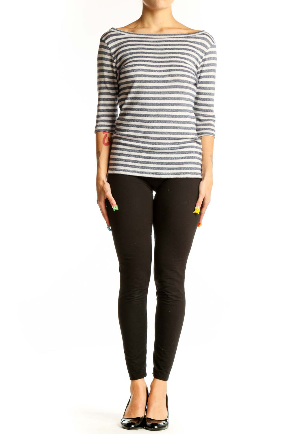 Front view of Michael Stars gray and white striped top with boat neckline