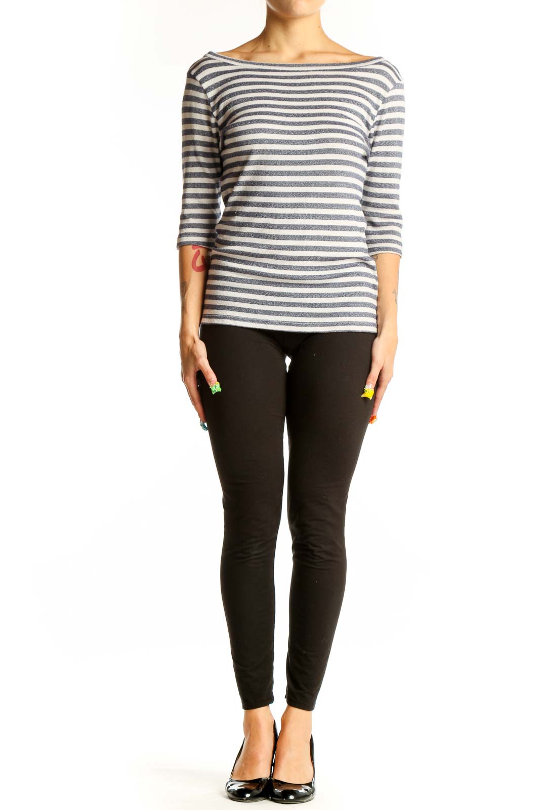 Front view of Michael Stars gray and white striped top with boat neckline