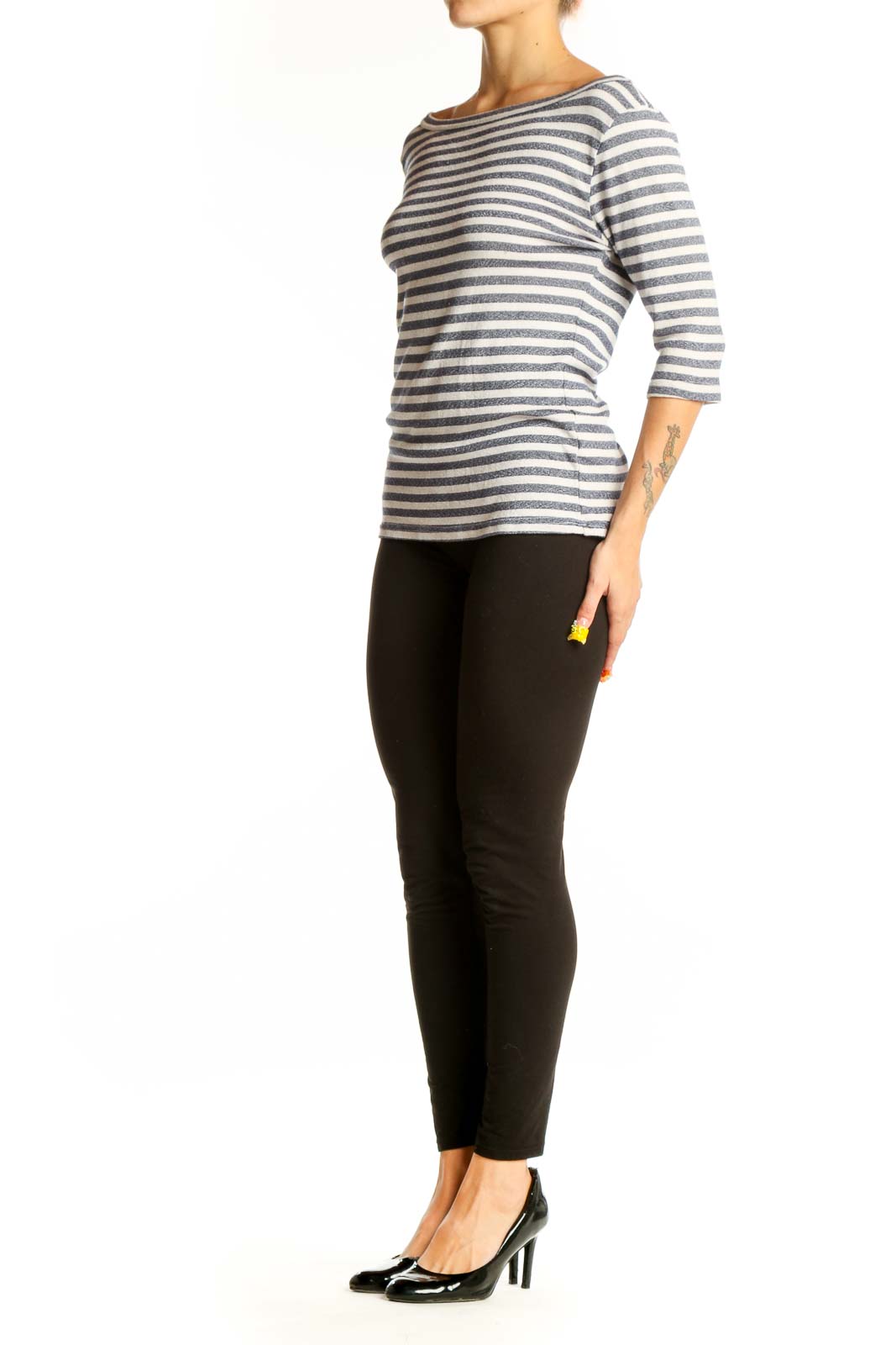 Front view of Michael Stars gray and white striped top with boat neckline