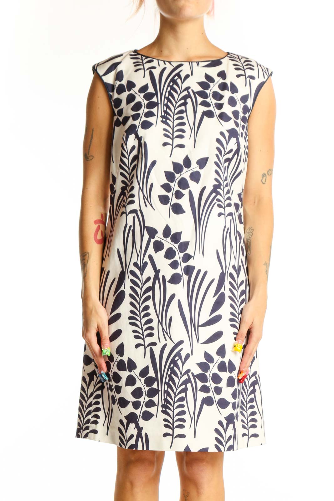 Front view of Elizabeth McKay navy and white floral print shift dress