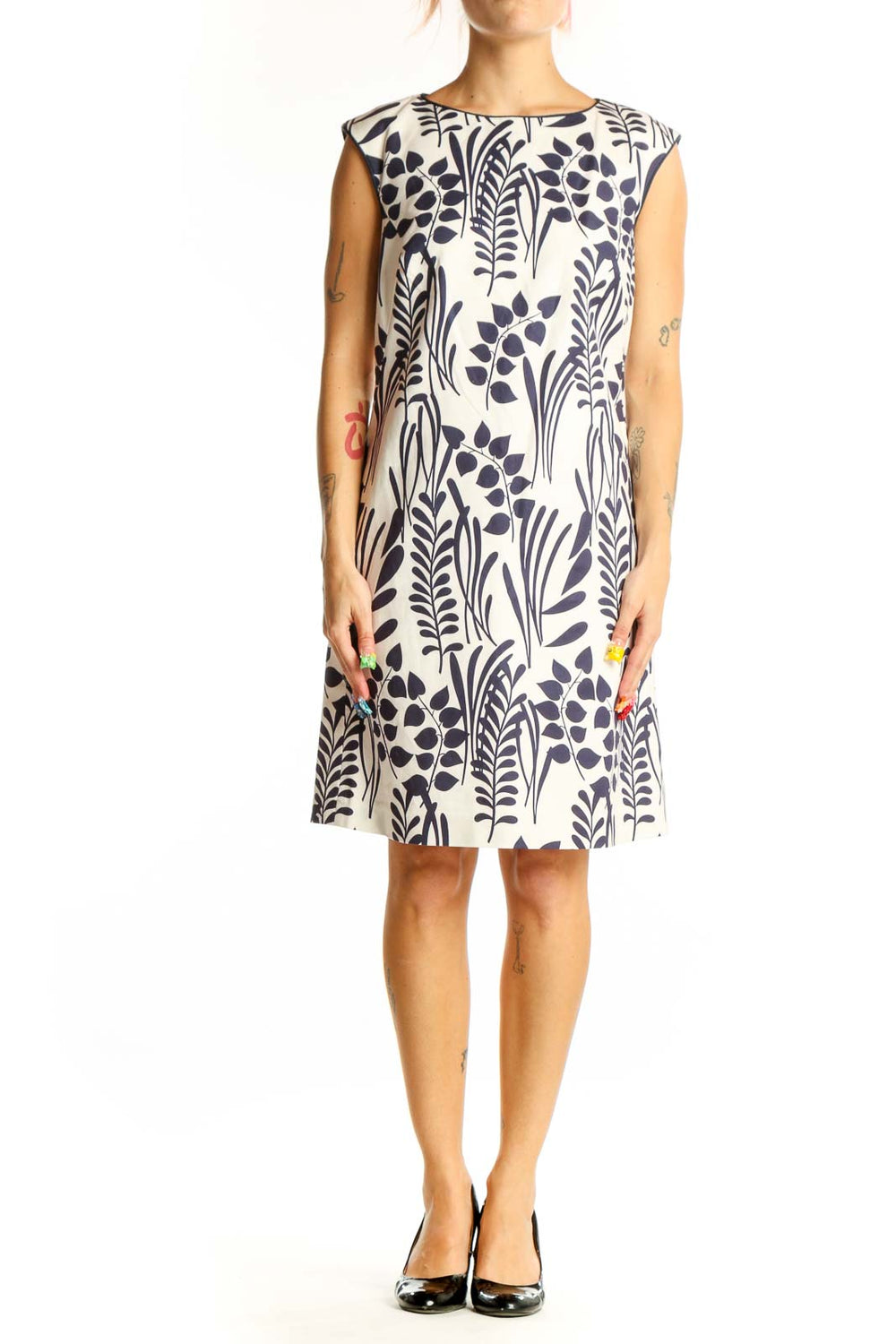Front view of Elizabeth McKay navy and white floral print shift dress