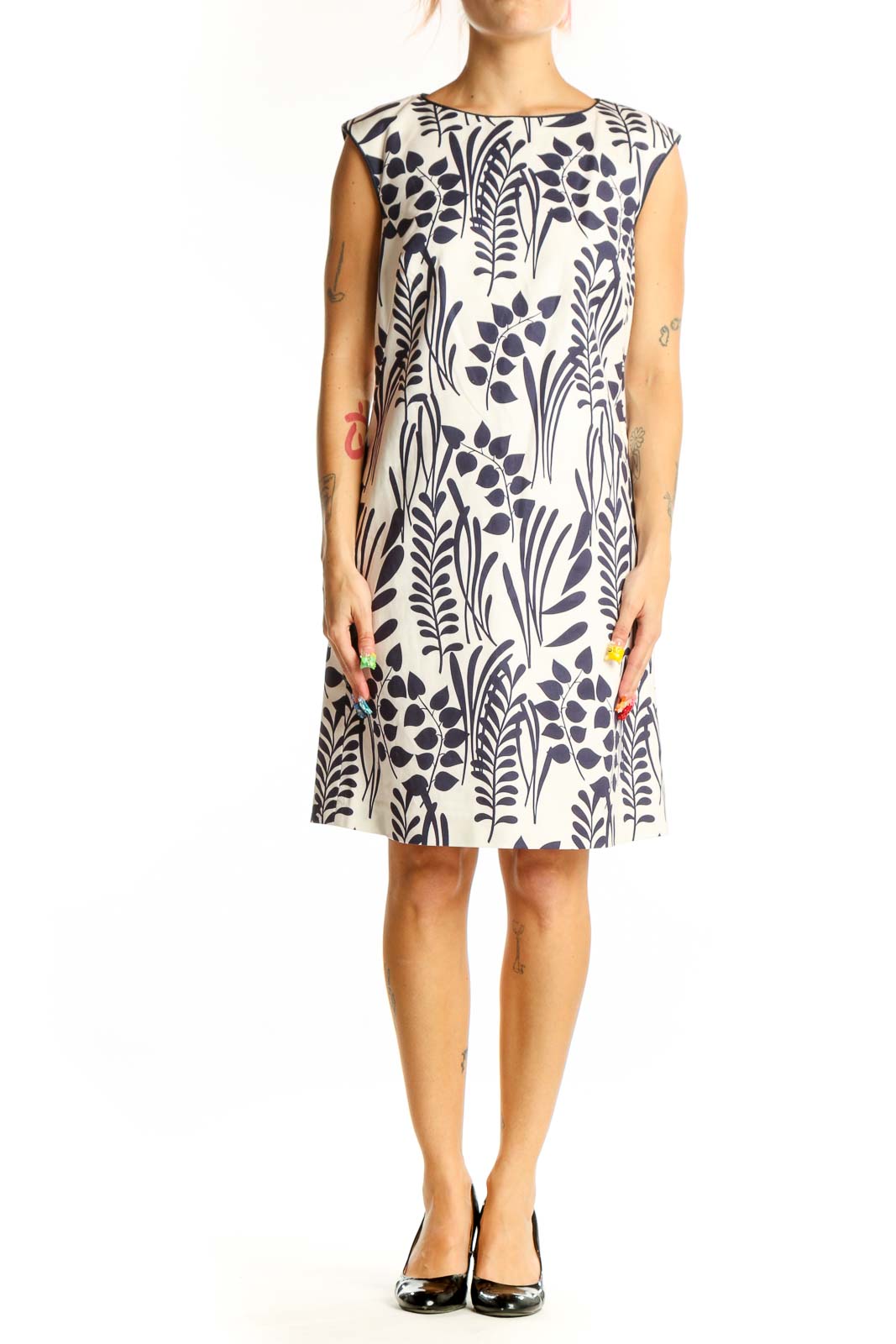 Front view of Elizabeth McKay navy and white floral print shift dress