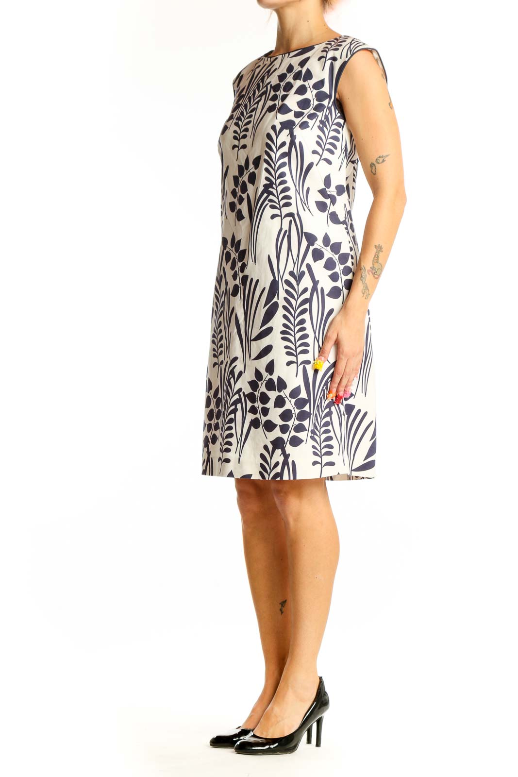 Front view of Elizabeth McKay navy and white floral print shift dress